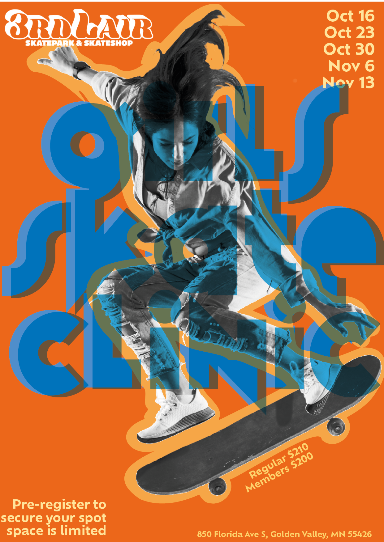 girls skate clinic poster, text design